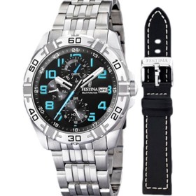 Montre Festina Homme-boitier acier gris-fond noir et bleu-bracelet acier gris