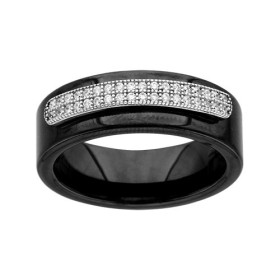 BAGUE ARGENT RHODIE ANNEAU CERAMIQUE NOIRE DOUBLE RAIL OXYDES MICRO SERTIS BLANCS, bague femme, 066327N