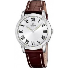 Montre Festina Homme-boitier acier gris-fond argent-bracelet cuir marron