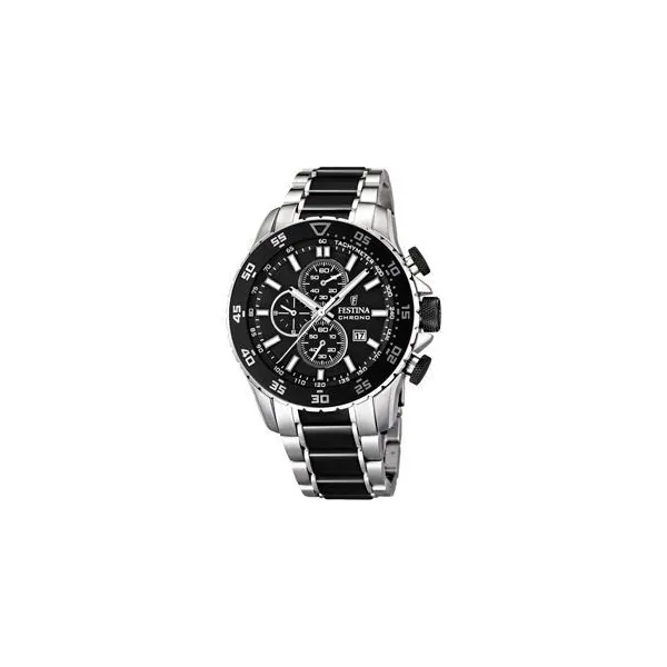 Montre Festina Homme chrono, acier gris et noir, fond noir Promo Bijoux Pas Cher f16628-3