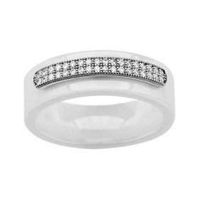 BAGUE ARGENT RHODIE ANNEAU CERAMIQUE BLANCHE DOUBLE RAIL OXYDES MICRO SERTIS BLANCS, bague femme, 066327W