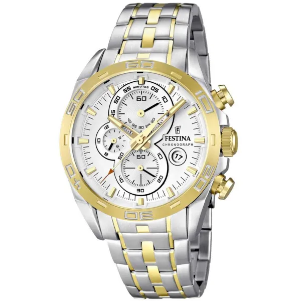 Montre Festina Homme chrono, acier gris et doré, fond blanc Promo Bijoux Pas Cher f16655-1