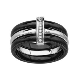 BAGUE ARGENT RHODIE 2 ANNEAUX CERAMIQUE NOIRE 1 ANNEAU LISSE OXYDES MICRO SERTIS BLANCS, bague femme, 066328N