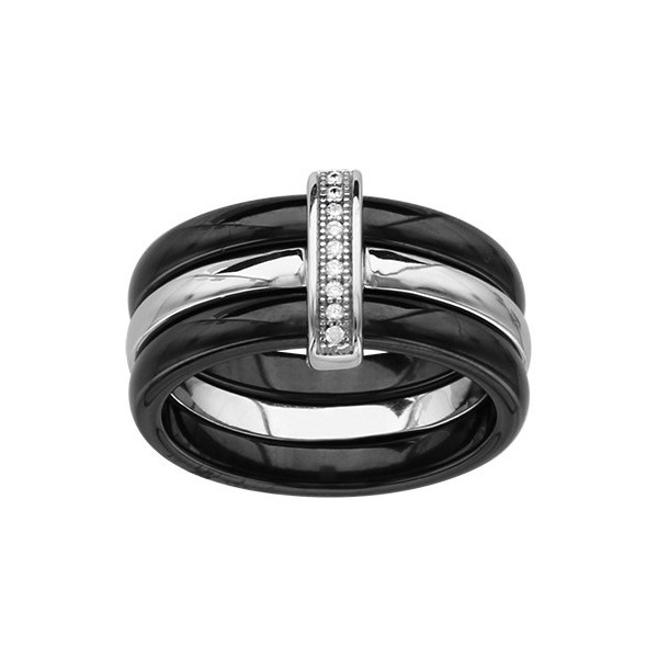 BAGUE ARGENT RHODIE 2 ANNEAUX CERAMIQUE NOIRE 1 ANNEAU LISSE OXYDES MICRO SERTIS BLANCS, bague femme, 066328N