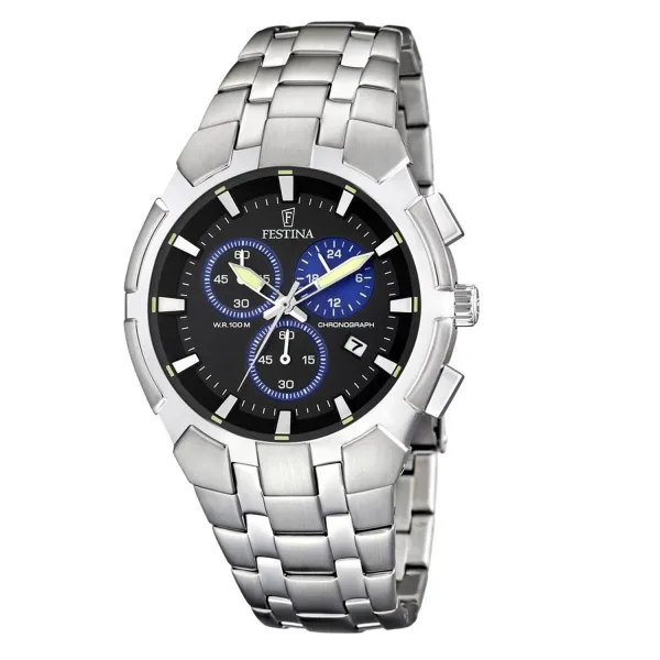Montre Festina Homme chrono, acier gris, fond noir et bleu Promo Bijoux Pas Cher f6812-3