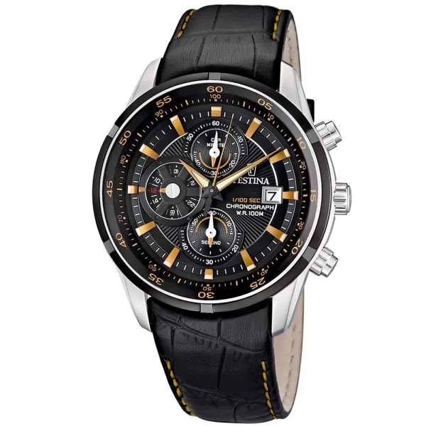 Montre Festina Homme chrono, acier gris et noir, fond noir et doré Promo Bijoux Pas Cher f6821-4