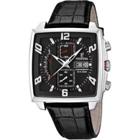 Montre Festina Homme-boitier acier gris-fond noir et argent -bracelet cuir noir
