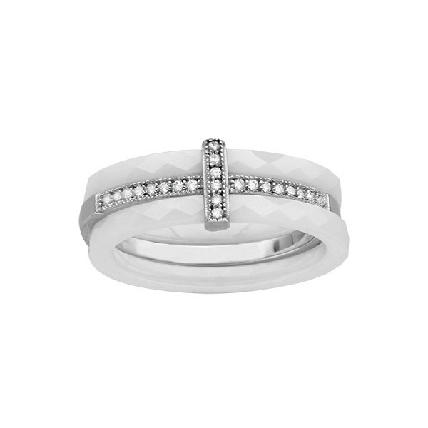 BAGUE ARGENT RHODIE 2 ANNEAUX CERAMIQUE BLANCHE 1 ANNEAU LISSE OXYDES MICRO SERTIS BLANCS, bague femme, 066328W