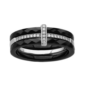 BAGUE ARGENT RHODIE 2 ANNEAUX CERAMIQUE FACETE NOIRE 1 RAIL OXYDES MICRO SERTIS BLANCS, bague femme, 066330N