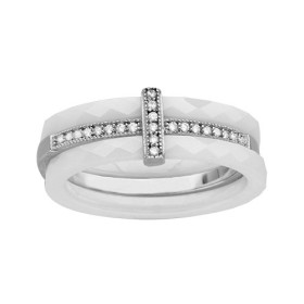 BAGUE ARGENT RHODIE 2 ANNEAUX CERAMIQUE FACETE BLANCHE 1 RAIL OXYDES MICRO SERTIS BLANCS, bague femme, 066330W