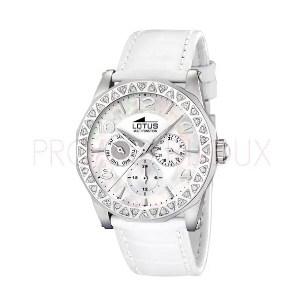 Montre Lotus Femme - Bracelet Cuir Blanc & Boitier Nacre/ Strass - 15684-1 | Promo Bijoux Pas Cher |