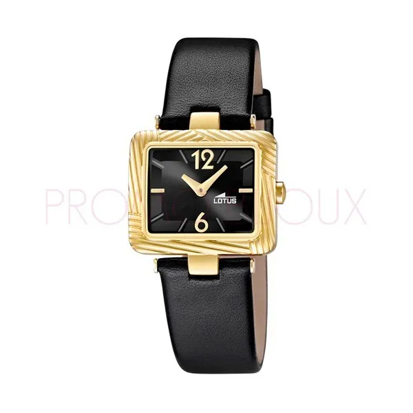 Montre Lotus Femme - Bracelet Cuir Noir & Boitier Doré