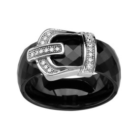 BAGUE ARGENT RHODIE ANNEAU CERAMIQUE FACETE NOIRE MOTIF CEINTURE OXYDES MICRO SERTIS BLANCS, bague femme, 066331N
