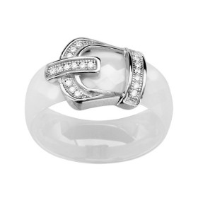 BAGUE ARGENT RHODIE ANNEAU CERAMIQUE FACETE BLANCHE MOTIF CEINTURE OXYDES MICRO SERTIS BLANCS, bague femme, 066331W