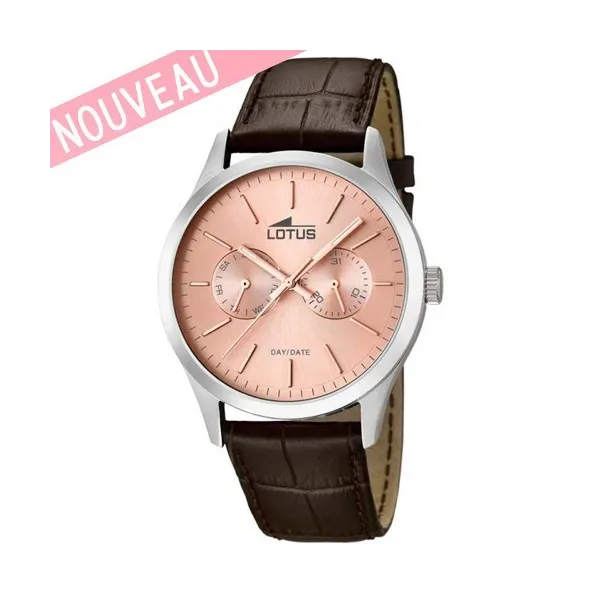 Montre lotus pour homme avec un boitier acier fond rosé et bracelet en cuir marron - 15956-4