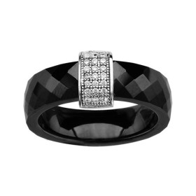 BAGUE ARGENT RHODIE ANNEAU CERAMIQUE FACETE NOIRE BARETTE OXYDES MICRO SERTIS BLANCS, bague femme, 066332N
