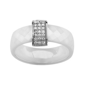 BAGUE ARGENT RHODIE ANNEAU CERAMIQUE FACETE BLANCS BARETTE OXYDES MICRO SERTIS BLANCS, bague femme, 066332W