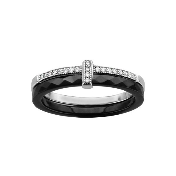 BAGUE ARGENT RHODIE DOUBLE ANNEAU 1 CERAMIQUE FACETE NOIR 1 RAIL OXYDES MICRO SERTIS BLANCS, bague femme, 066333N