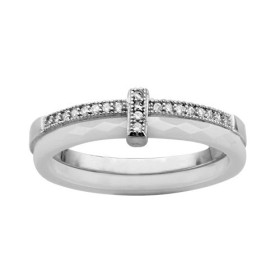 BAGUE ARGENT RHODIE DOUBLE ANNEAU 1 CERAMIQUE FACETE BLANCHE 1 RAIL OXYDES MICRO SERTIS BLANCS, bague femme, 066333W