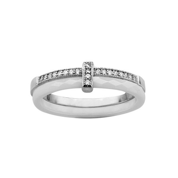 BAGUE ARGENT RHODIE DOUBLE ANNEAU 1 CERAMIQUE FACETE BLANCHE 1 RAIL OXYDES MICRO SERTIS BLANCS, bague femme, 066333W