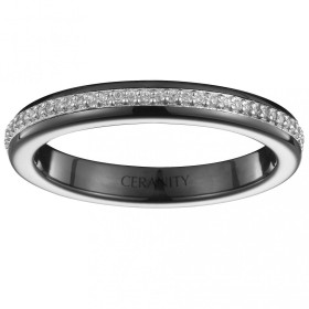 Bague Ceramique Noire Lisse, Rail Argent tour complet et Oxydes de Zirconium