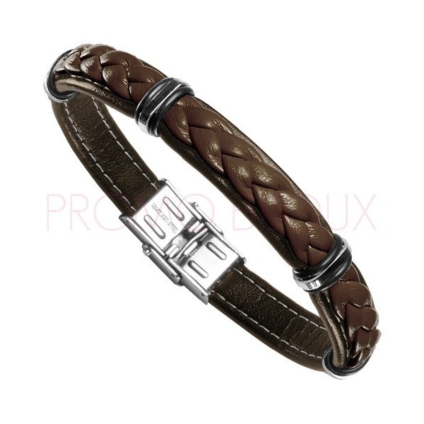 Bracelet Acier Homme - Cuir Marron sur Acier