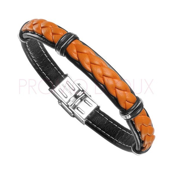 Bracelet Acier Homme - Cuir Orange & Noir sur Acier