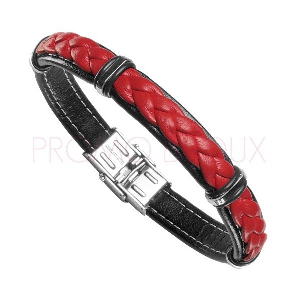 Bracelet Acier Homme - Cuir Rouge & Noir sur Acier