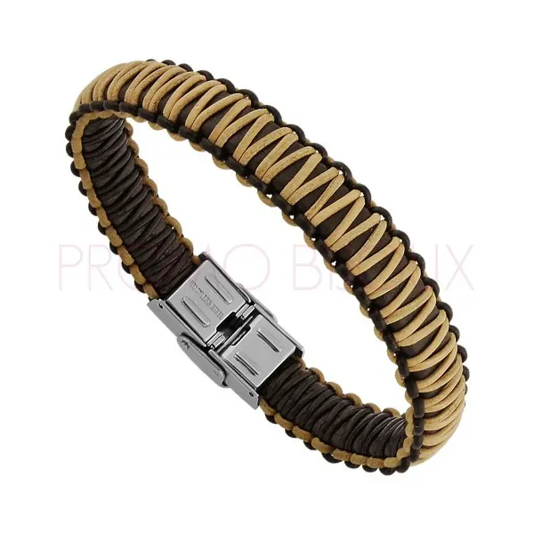 Bracelet Acier Homme - Cuir Marron Deux teintes sur Acier