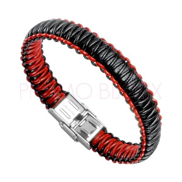 Bracelet Acier Homme - Cuir Noir & Rouge sur Acier