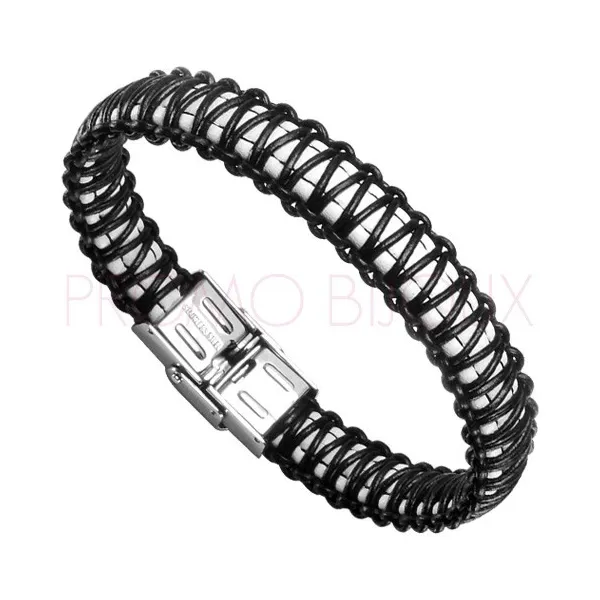 Bracelet Acier Homme - Cuir Blanc & Noir sur Acier