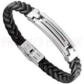Bracelet Acier Homme - Cuir Noir Tressé & Acier
