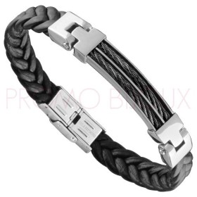 Bracelet Acier Homme - Cuir Noir Tressé & Acier
