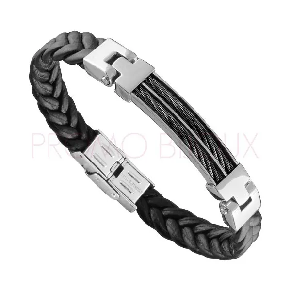 Bracelet Acier Homme - Cuir Noir Tressé & Acier