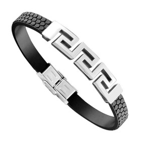 Bracelet Acier Homme - Caoutchouc Noir & Motif Grec Découpé Acier