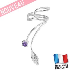 Bijou d'oreille motif feuille et pierre violette