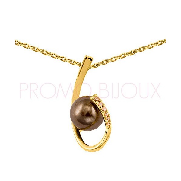 Collier Plaqué Or Perle Chocolat