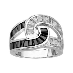 BAGUE ARGENT RHODIE ENTRELACE PIERRES RECTANGULAIRES NOIRES ET BLANCHES 065627