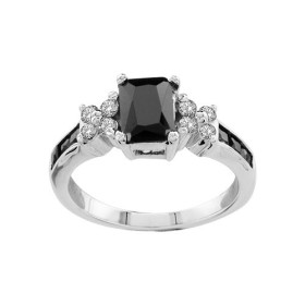 BAGUE ARGENT RHODIE PIERRE CENTRALE RECT NOIRE 2 FLEURS PIERRES BLANCHES SYNTH 065628