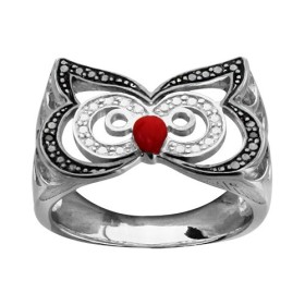 BAGUE ARGENT RHODIE PENDENTIF HIBOU PIERRES NOIRES SYNTH RESINE ROUHE ET COEUR OEIL DE CHAT BLEU 065746