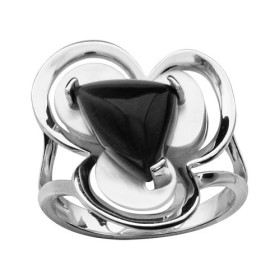 BAGUE ARGENT RHODIE STYLE FLEUR NACRE BLANCHE ET PIERRE OEIL DE CHAT GRIS 065747