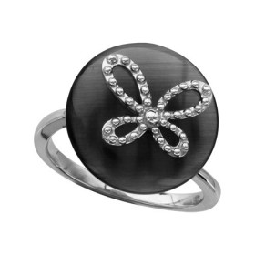 BAGUE ARGENT RHODIE ROND OEIL DE CHAT GRIS MOTIF PAPILLON 065752