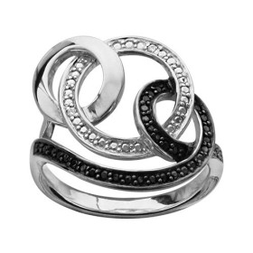 BAGUE ARGENT RHODIE MOTIF ENROULEE PIERRES BLANCHES ET NOIRES SYNTH 065756
