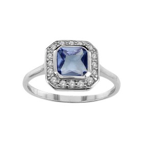 BAGUE ARGENT RHODIE PIERRE FORME CARRE BLEUE CONTOUR PIERRES BLANCHES SYNTH, bague femme, 065787