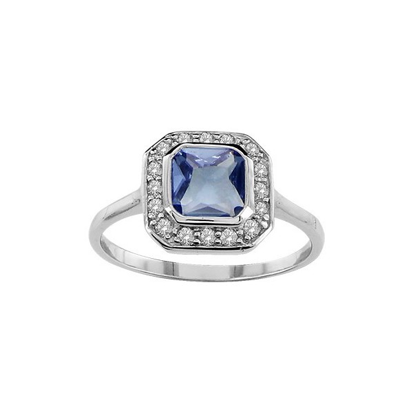 BAGUE ARGENT RHODIE PIERRE FORME CARRE BLEUE CONTOUR PIERRES BLANCHES SYNTH, bague femme, 065787