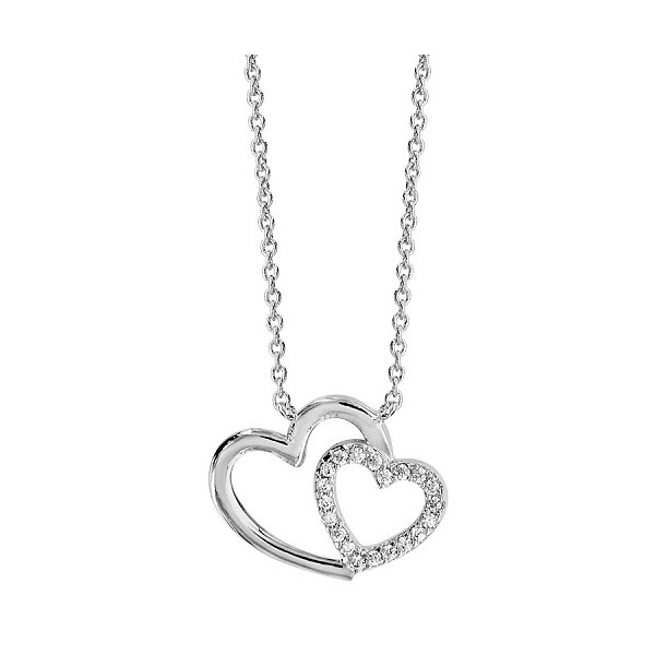 Collier en argent double coeur & oxydes blancs