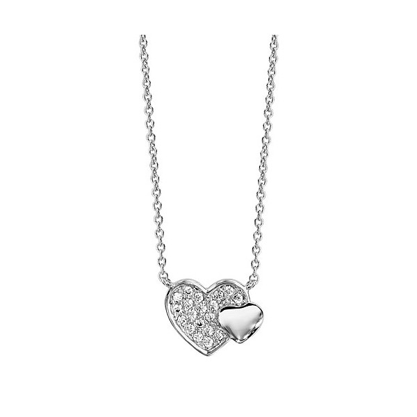 Collier en argent rhodié double coeur pavé oxydes blancs et lisse