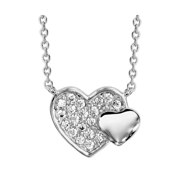 Collier en argent rhodié double coeur pavé oxydes blancs et lisse