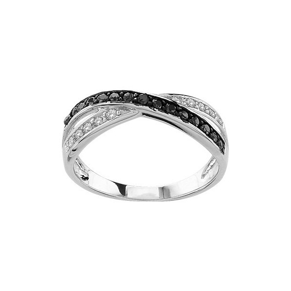 BAGUE ARGENT RHODIE CROISEE PIERRES NOIRES ET BLANCHES SYNTH, bague femme, 065789