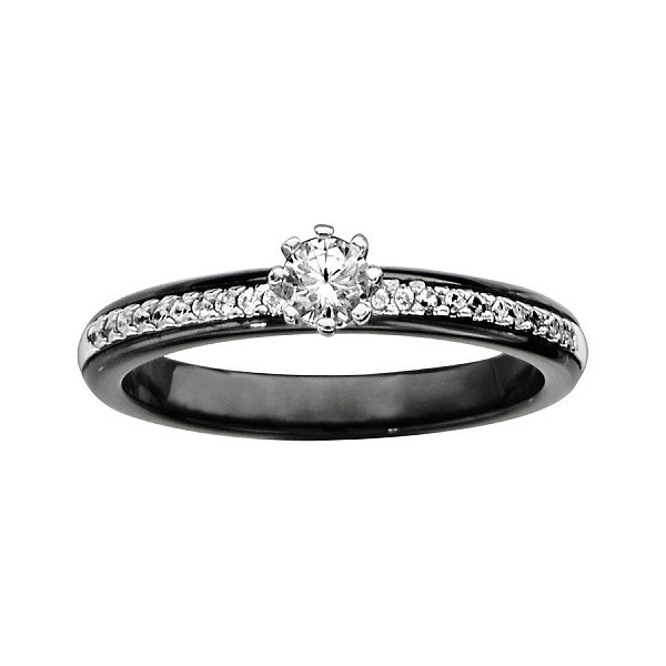 Bague céramique noire type solitaire avec oxydes blancs